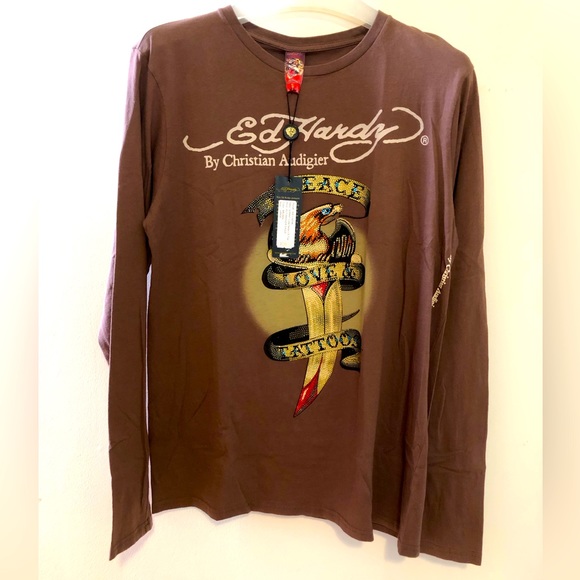 NEW Ed Hardy Men’s Crew Neck with Rhinestones Long Sleeve Tee NWT - Picture 2 of 4